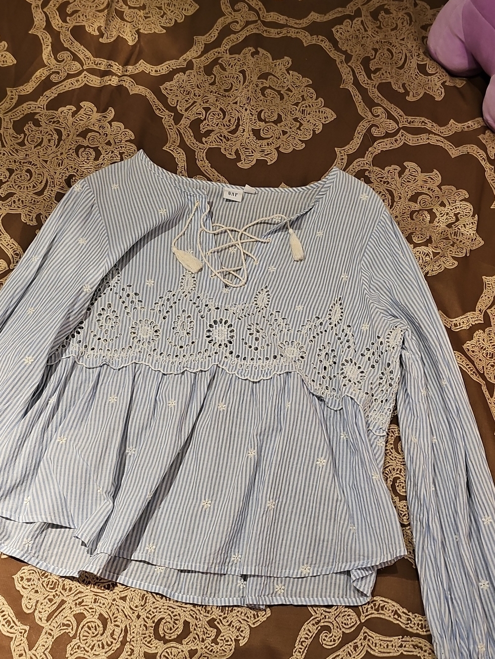 GAP Light Blue and White Striped Lace-Trim Blouse